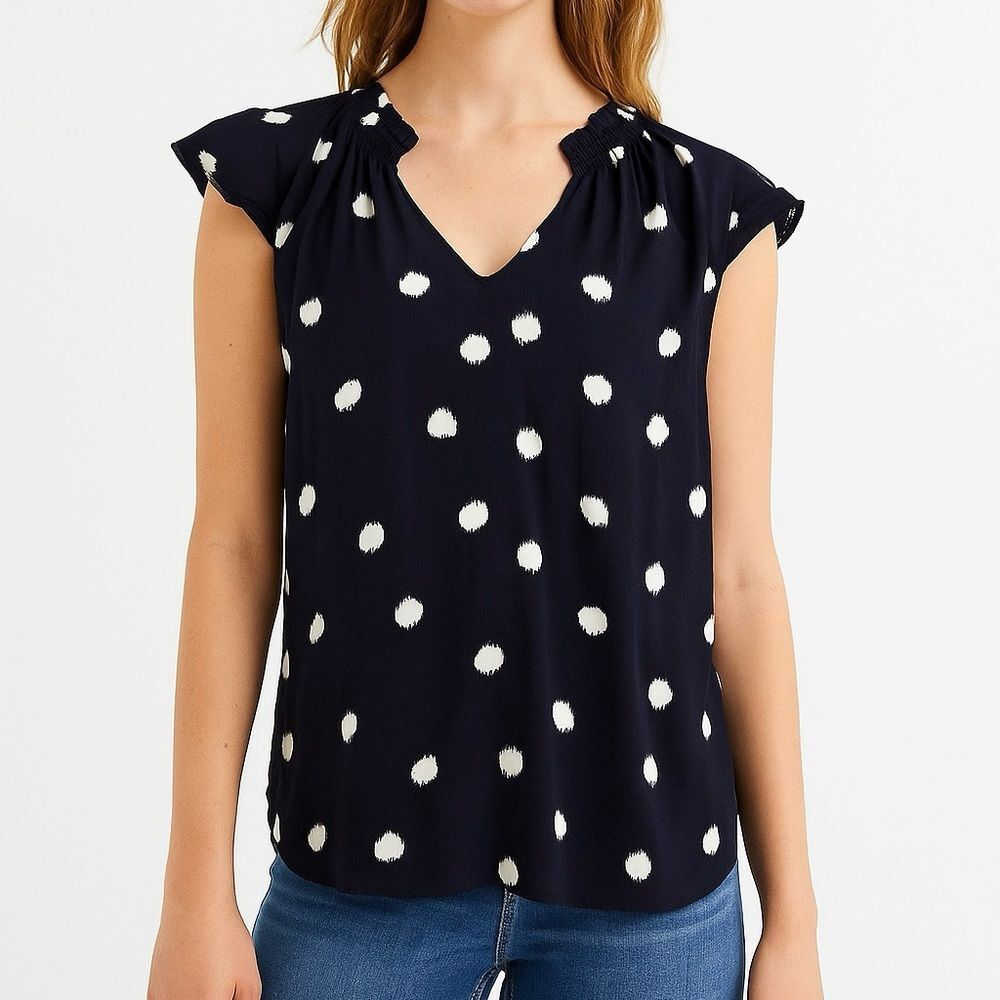 A New Day Navy Blue Circle Print Flutter Short Sleeve Rayon V Neck Top Small New